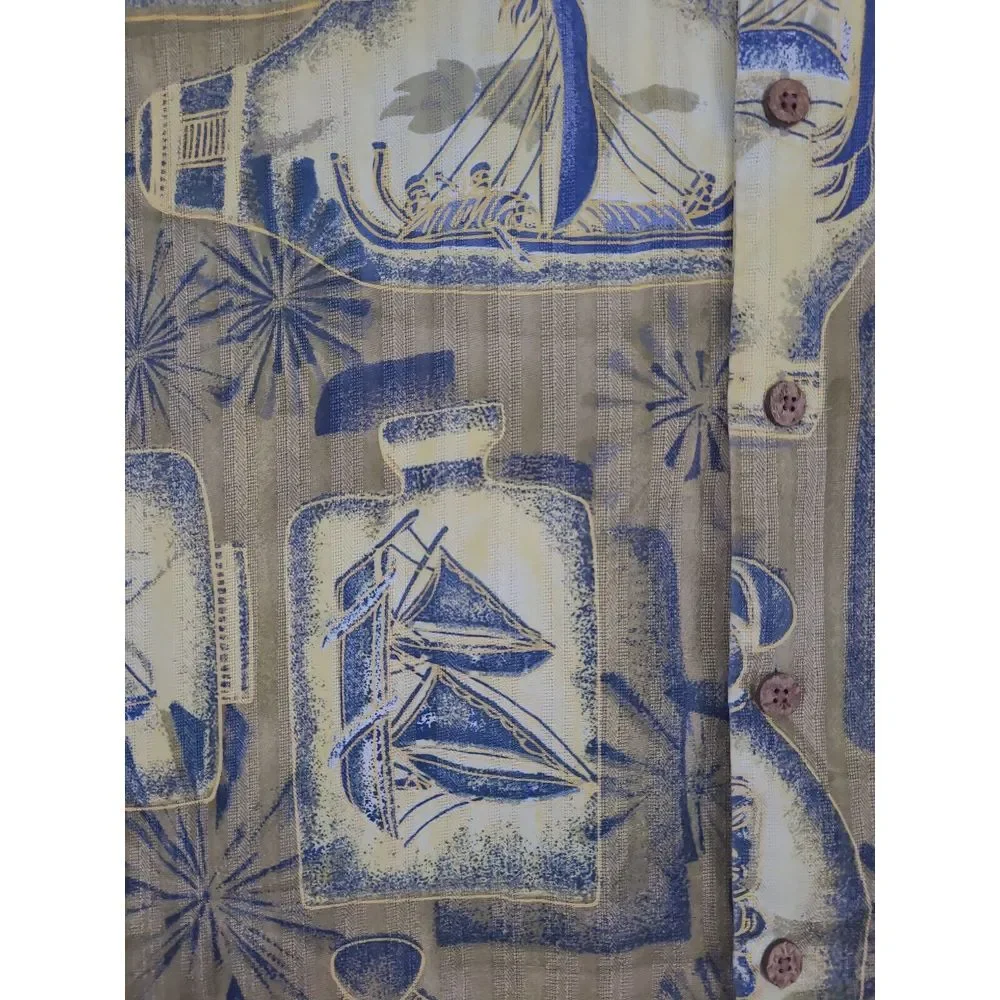 Tommy Bahama Relax Shirt‎ Men's Medium Silk Gold Blue Tiki Dugout Canoe Hawaiian